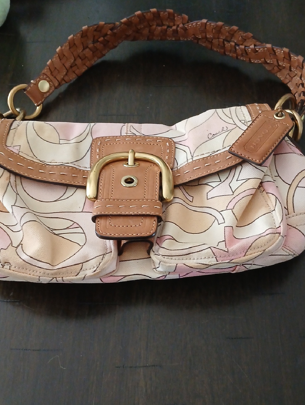 Coach SOHO Vintage Bag.Pink and Tan Buckle Shoulder Bag with Woven Strap. 2007